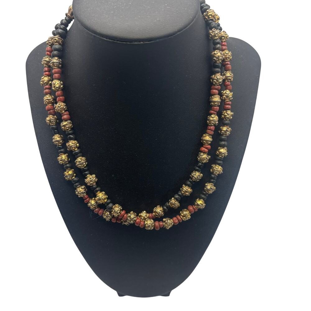 Vintage Style Double Strand Beaded Necklace Black Red Gold Tone Boho Tribal